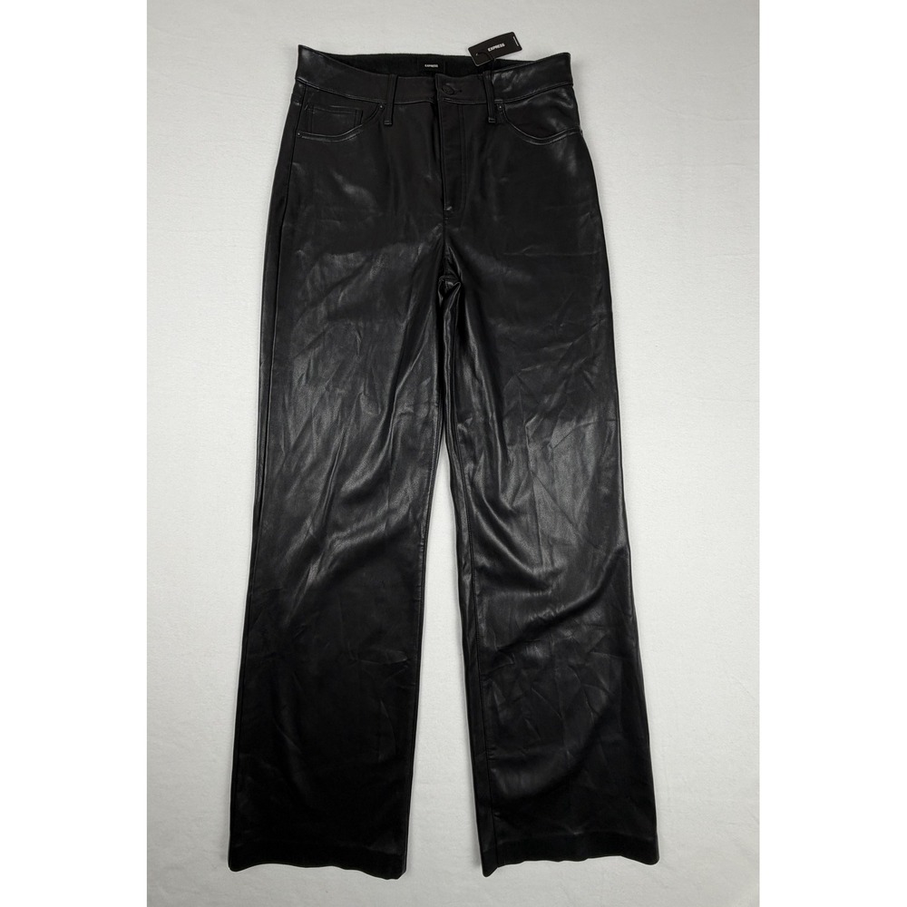 Express Women Black Vegan Faux Leather High Rise Wide Leg Trousers Pants 10R NEW